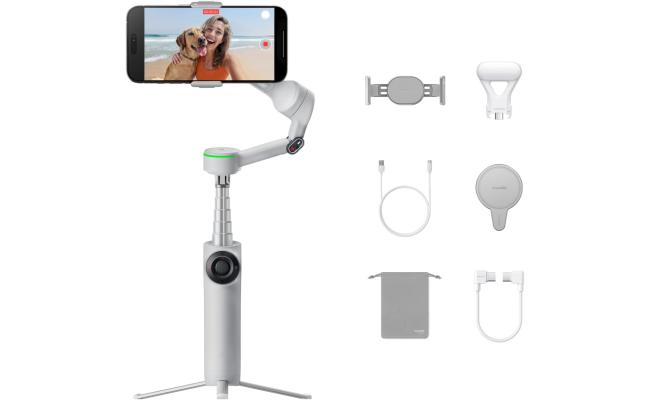 Insta360 Flow 2 Pro Creator Bundle Grey - Foldable AI Phone Gimbal, Apple DockKit, 360º Pan Tracking, Free Tilt Mode, Built-in Tripod/Selfie Stick, Portable Vlog/Travel Stabilizer, Spotlight, MagSafe - White